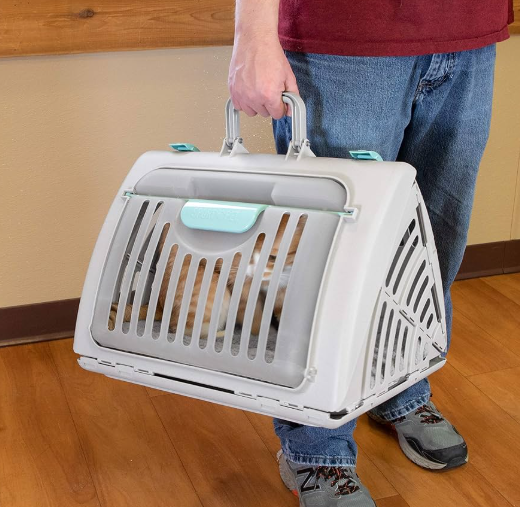 SportPet Designs Sport Pet Foldable Travel Cat Carrier with A Waterproof Bed - Front Door Plastic Collapsible Carrier, Gray