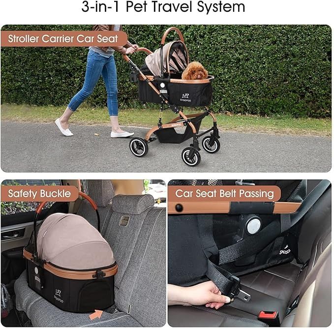 SKISOPGO 3-in-1 Pet Strollers for Small Medium Dogs Cat with Detachable Carrier Foldable Travel Pet Gear Stroller (Khaki)