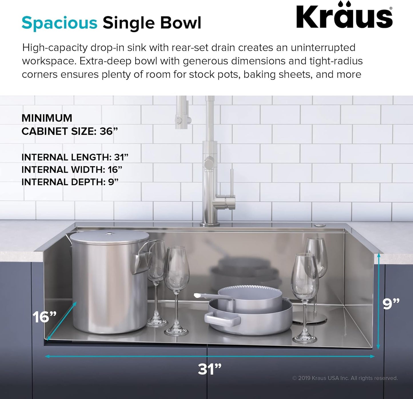 KRAUS KWT310-33/18 Kore Workstation 33-inch Drop-In 18 Gauge Single Bowl Stainless Steel Kitchen Sink with Integrated Ledge and Accessories